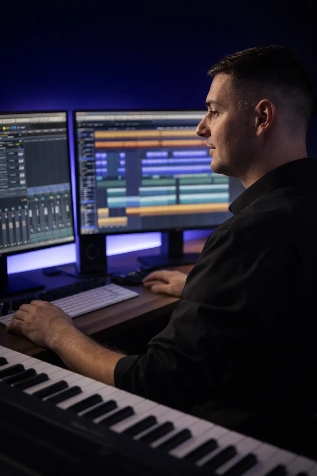 Composer working on music for The Dark Bridge